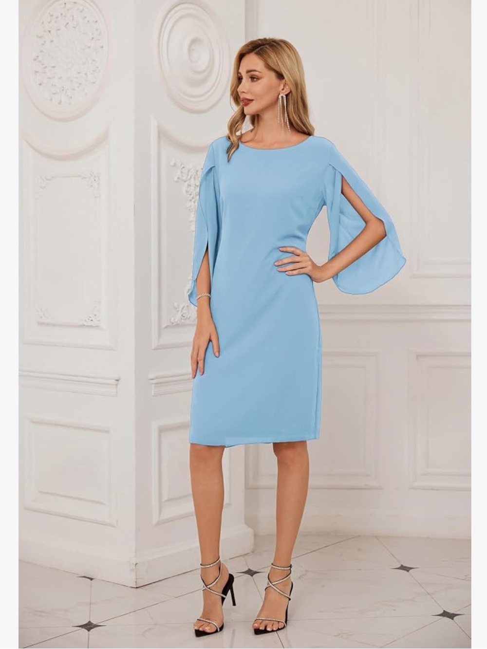 Grace Karin Sky Blue Split-Sleeve Midi Sheath Dress
